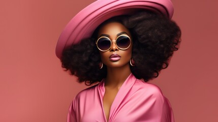 Chic Afro-American woman flaunts Barbie-style pink attire with confidence