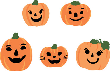 おしゃれでかわいいハロウィンカボチャジャックオランタンファミリーのベクターイラストセット