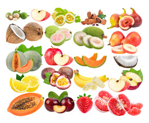 macadamia; apple; coconut; passion fruit; guava; breadfruit; melon; passion fruit; banana; lemon; papaya; red cherry plum; Strawberry; fig; pear; Grapefruit on transparent png