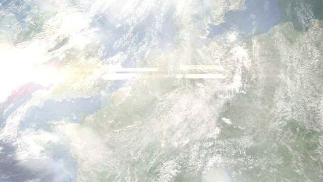 Zoom in from space and focus on Hilden, Germany. 3D Animation. Background for travel intro. Elements of this image furnished by NASA