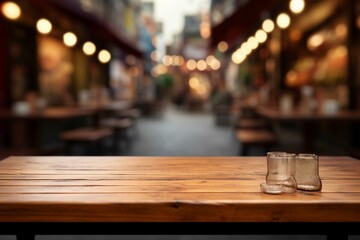 A wooden table in front of a blurry restaurant scene. Generative AI