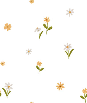 Seamless minimal pattern with simple daisy flowers. Endless chamomile background in scandinavian style. Stylized floral digital illustration. Scandi repeating texture for wrapping paper, fabric © Daryartsy