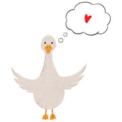 Cute goose fall in love in scandinavian style. Digital hand drawn illustration with farm animal. Romantic bird for textile design, Valentine cards, prints. Drawing of character in cartoon style on