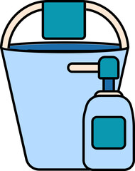 Bucket with Pump Bottle Icon in Blue Color.