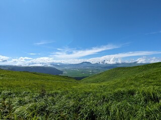 The Five Peaks of Aso, as seen from Daikanbo, are said to resemble a Buddha lying down