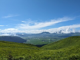 The Five Peaks of Aso, as seen from Daikanbo, are said to resemble a Buddha lying down