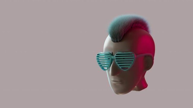 3d animation of a punk rocker with heart glasses and a blue mohawk