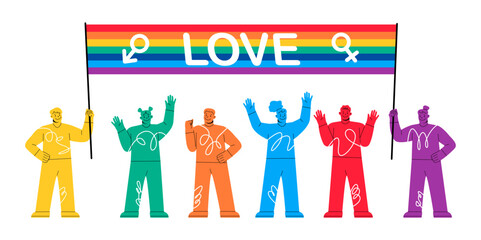 Crowd of people at pride parade holding placards. Men and women at demonstration for LGBT rights. Gay, lesbian, bisexual, transgender activists. Sexual diversity. Colorful vector illustration