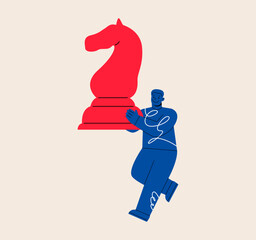 Man holds big chess figure. smart decisions making concept. Colorful vector illustration