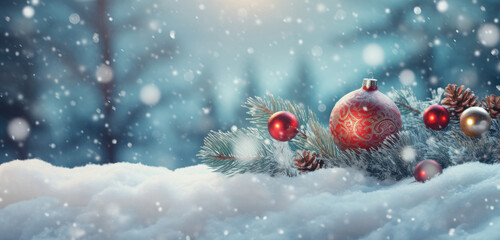 Naklejka na ściany i meble Christmas background with fir branches, red baubles and snowflakes. created by generative AI technology.