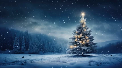 Fotobehang Christmas tree with lights in winter forest with snow at frosty Christmas night. Beautiful winter holiday landscape. © DenisNata