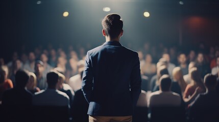 Rear view of motivational businessman standing on stage in front of audience for speech