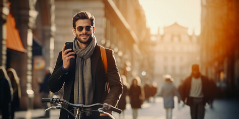 Fototapeta na wymiar Man rides a bike in a city, while talking on the phone