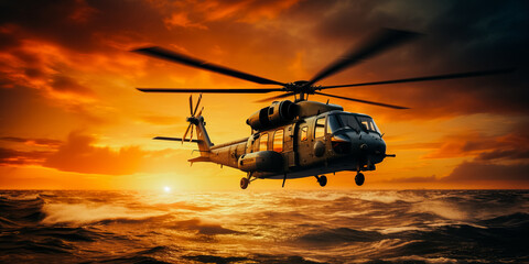 Fototapeta na wymiar Military helicopter at sunset over the sea