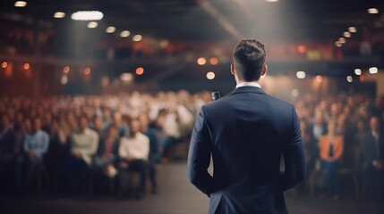 back view of businessman giving a speech in front of a crowd