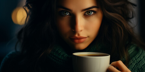 Portrait of woman with big green eyes drinking tea