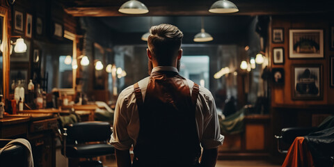 Fototapeta na wymiar Rear view of young man in barbershop having haircut