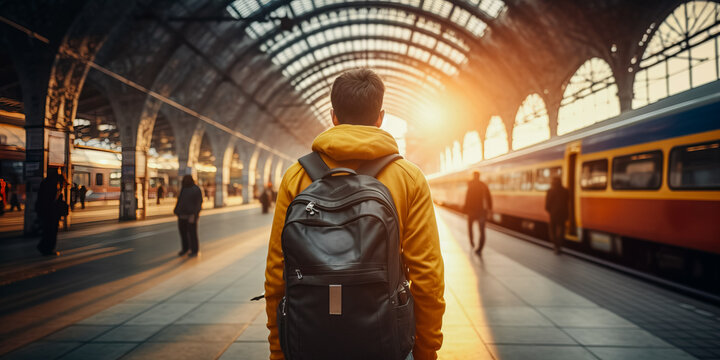 Rear view of a man with backpack walking between train on train station - Powered by Adobe