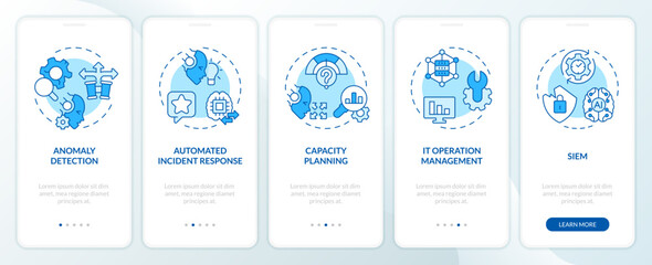 2D icons representing AI ops mobile app screen set. Walkthrough 5 steps blue graphic instructions with line icons concept, UI, UX, GUI template.