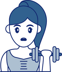 Young Woman Holding Dumbbell Icon In Blue And White Color.