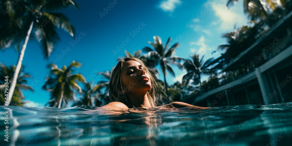 Wall mural Wide shot of girl floating on back in pool at tropical resort