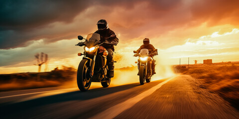 Two riders at sunset with their motor bikes
