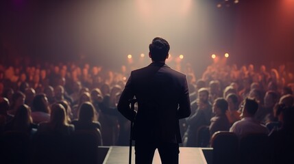 back view of businessman giving a speech in front of a crowd - obrazy, fototapety, plakaty