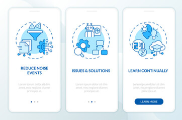 2D icons representing AI ops mobile app screen set. Walkthrough 3 steps blue graphic instructions with thin line icons concept, UI, UX, GUI template.