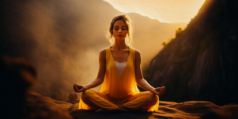 Young woman wearing a dress practising yoga