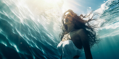 A beautiful Indian woman in a white bikini immersed in the ocean