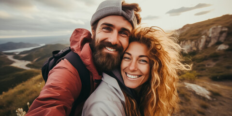 Beautiful young couple taking selfie on their trip to remember interesting place