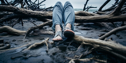 Obraz premium Close up of barefoot female feet on the driftwood