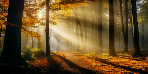 First sunbeams in the fog in autumn forest