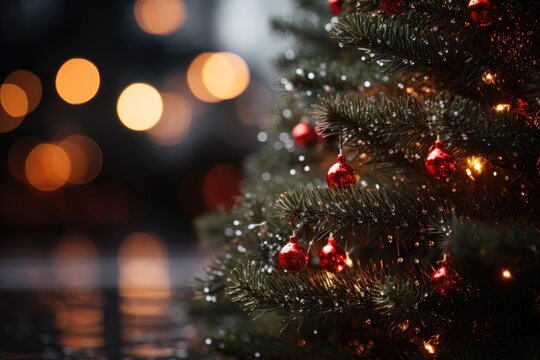 A Christmas background image for creative content showcasing a Christmas tree adorned with red baubles against a backdrop of blurred holiday lights. Photorealistic illustration