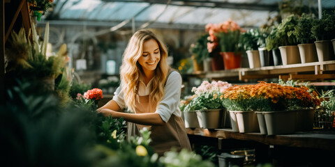 Happy florist with plants in trolley at nursery