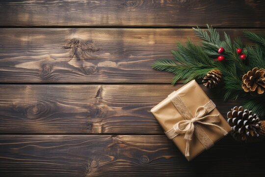 A Christmas background image for creative content featuring a rustic wooden table adorned with a wrapped gift, fir branches, and pinecones. Photorealistic illustration