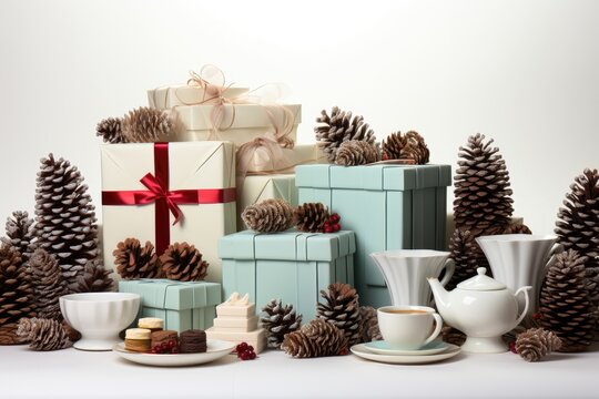 A Christmas background image for creative content featuring wrapped presents with Christmas decorations on a white background. Photorealistic illustration