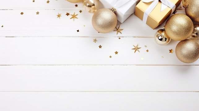 Золотое рождественское украшение на белом деревянном фоне. Generative Ai
