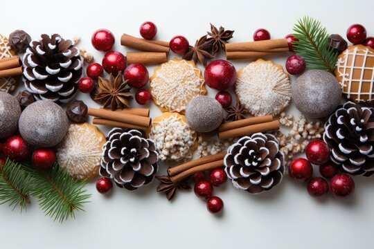 A Christmas background image featuring a composition of Christmas cookies and pinecones combined. Photorealistic illustration