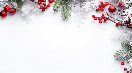 Christmas composition with fir branches and snowflakes on a white background. Generative Ai