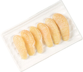 Fresh peeled pomelo, pummelo, isolated on white background.