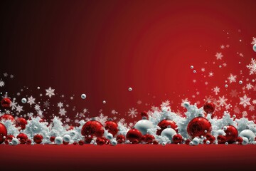 A customizable Christmas background image for creative content featuring red and white baubles and snowflakes on a Christmas red background. Photorealistic illustration