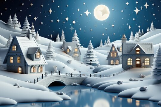 This paper-cut style Christmas background image showcasing an illuminated small town against a starry night sky, ideal for creative content. Photorealistic illustration