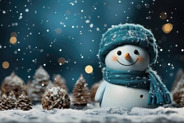 This Christmas background image for creative content featuring a closeup of a little snowman with a blue hat and scarf, set against a blurred snowy background. Photorealistic illustration