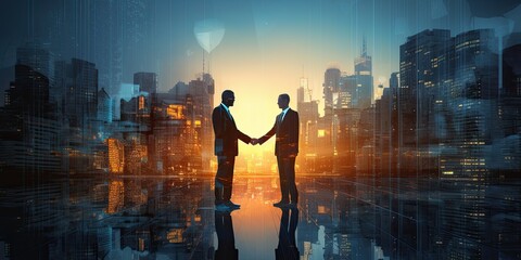 Shadow business and secret government agreements. Silhouette of two influential men shaking hands in a dark room against the backdrop of a business district.
