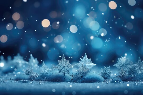 A Christmas background image for creative content featuring miniature snowflakes in closeup with blurred holiday lights in the background. Photorealistic illustration