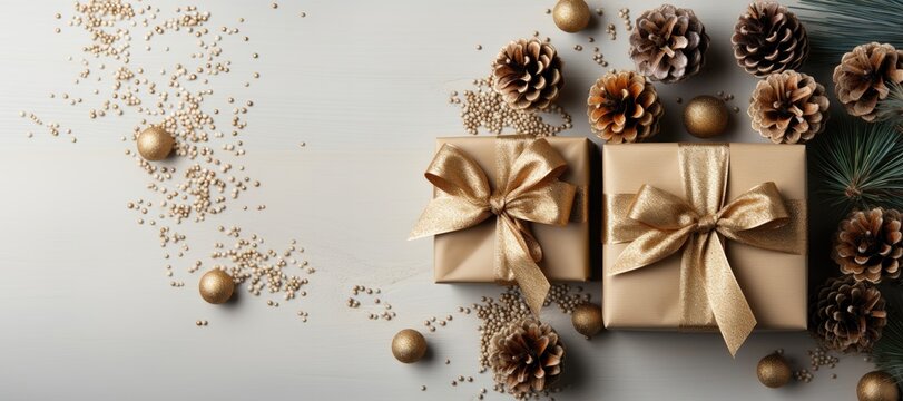 A customizable wide-format Christmas background image for creative content featuring wrapped presents adorned with gold ribbons and pinecones. Photorealistic illustration