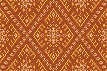 Orange vintages cross stitch traditional ethnic pattern paisley flower Ikat background abstract Aztec African Indonesian Indian seamless pattern for fabric print cloth dress carpet curtains and sarong