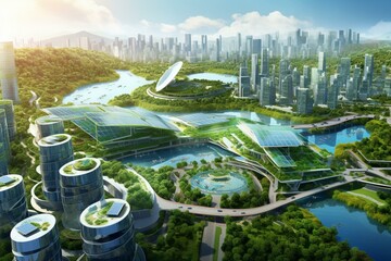 Wide angle birds eye view of green and sustainable city with solar panels. Generative AI