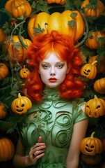 Halloween festive background. Beautiful redhead woman surrounded by leaves and pumpkins. Natural ai generated image